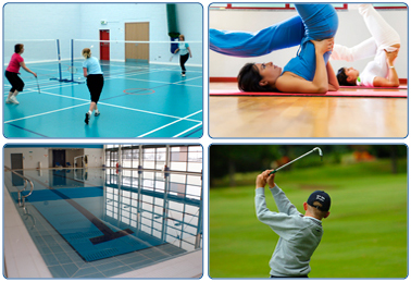 Collage of tennis (top left), yoga (top right), a swimming pool (bottom left) and golf (bottom right)